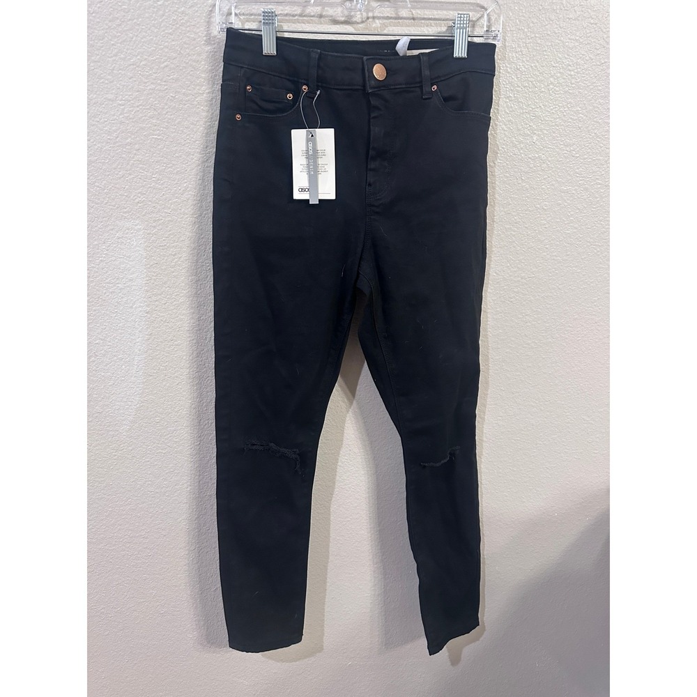 ASOS Denim High Rise Super Skinny Ankle Grazer Black Distressed Jeans 28/30